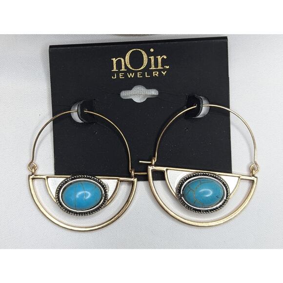 Noir Turquoise Swing Hoop Gold Tone Earrings - Picture 1 of 4